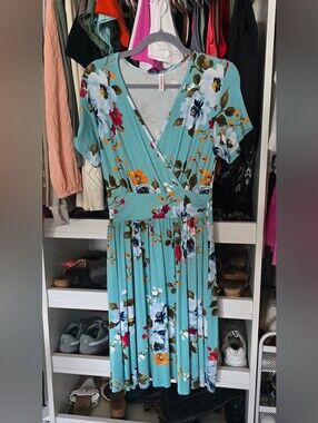 Aqua Floral Wrap-Style Midi Dress
